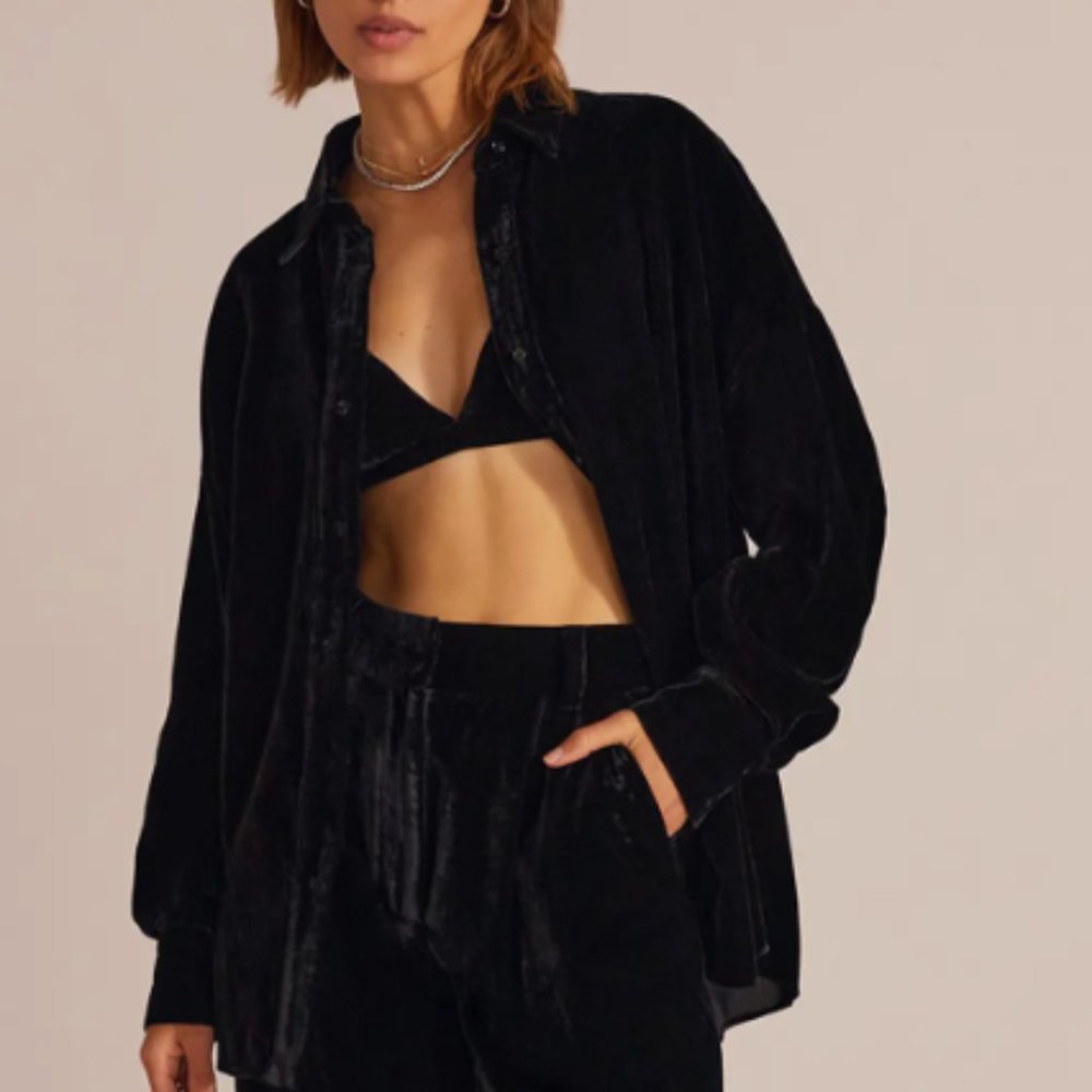 Favorite Daughter Ex-Boyfriend Velvet Button-Up Shirt - Size S - Black - NWT